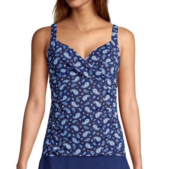 Lands End Tankini Swim Top Paisley Tummy Control Underwire Sz 16W D DD Navy Blue - Picture 1 of 11
